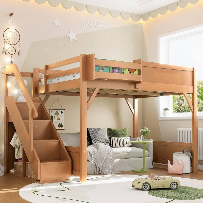 Full/Twin Loft Bed with Built-in Wardrobe, Storage & Stairs - Solid Wood, Full-Length Guardrails, No Box Spring - Antique Natural - Full