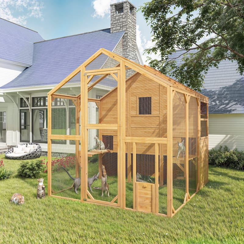 Large Outdoor Wooden Chicken Coop & Cat Enclosure with Run, 2 Colors Pet Cage