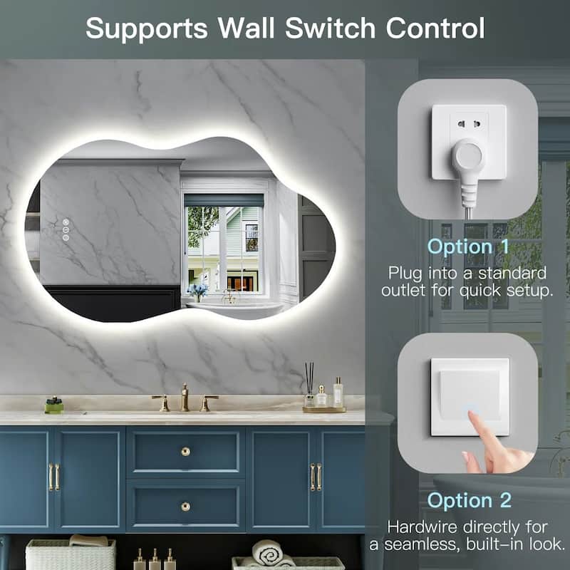 Irregular LED Anti-fog Tempered Glass Wall Bathroom Vanity Mirror, ETL Certified, 3-Year Warranty