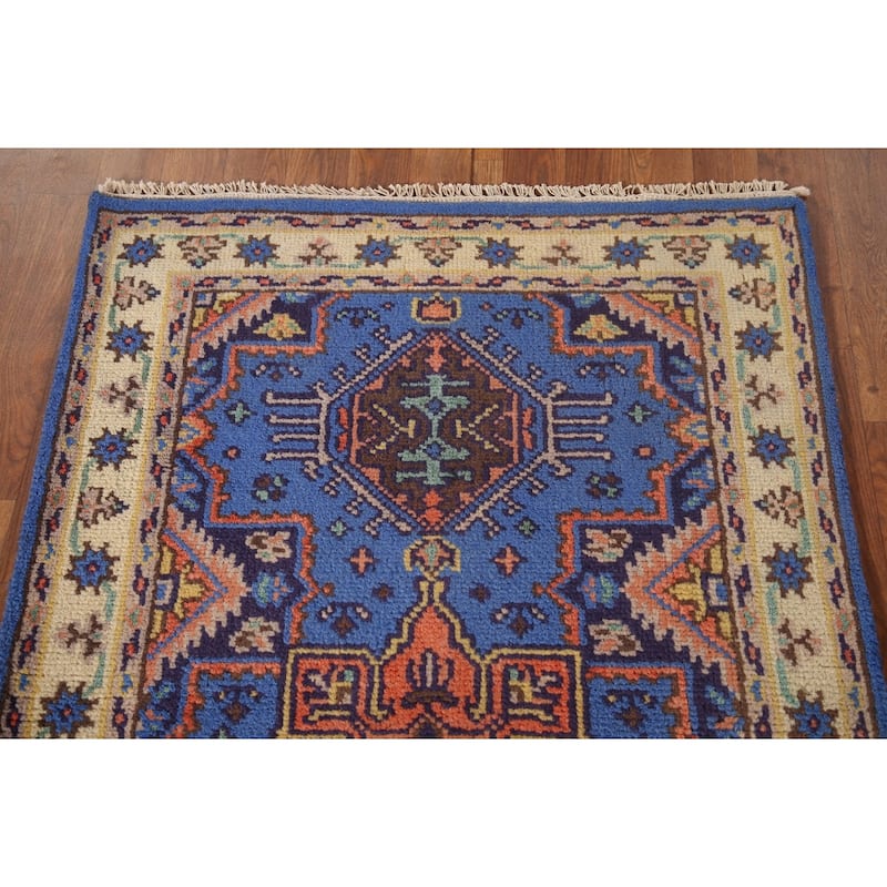 Blue Geometric Kazak Oriental Accent Rug Handmade Wool Carpet - 3'0"x 5'0"