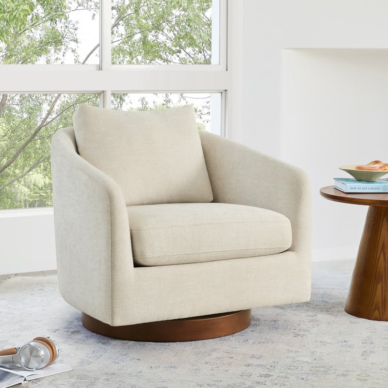 Spruce & Spring Classic Swivel Club Accent Chair with Back Cushion & Solid Wood Frame - Single - Linen-Fabric
