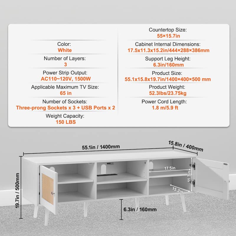 Modern Rattan TV Console for 65 Inch TV with Built-in Power Outlet - 55.1 x 15.8 x 19.7in