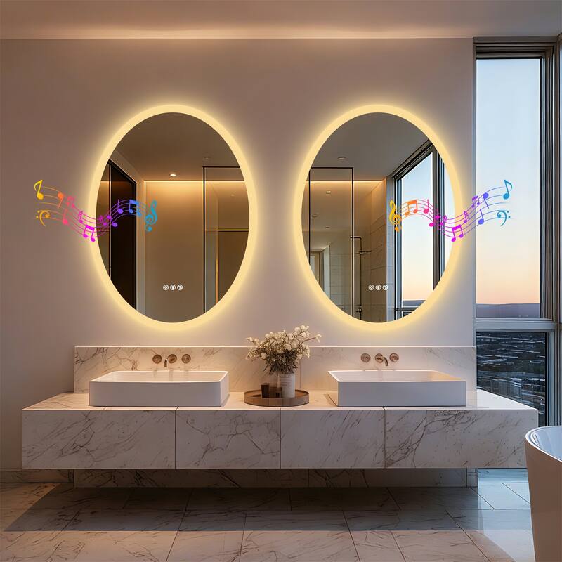 Bluetooth Lighted Bathroom Mirror Oval LED with Double NdFeB Speakers Wall Vanity Mirror - 23.62x31.50