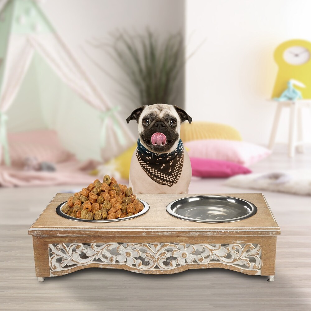 Large Tall Elevated Feeder for Pets in Mango Wood and Metal