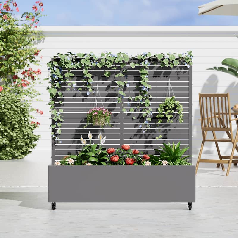 Metal Movable Planter Box with Trellis Privacy Screen Planter Box with Lockable Wheels - 47"x47" - Grey