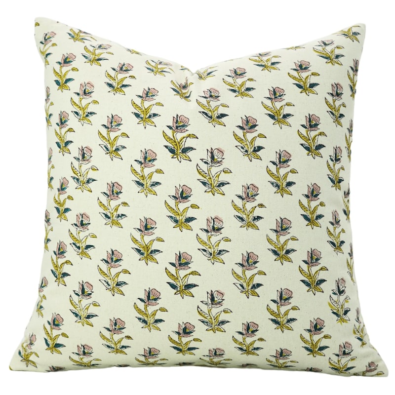 Fabdivine Hand Block Print Pillowcase in Cotton for Hotel Floral Cushion Cover Farmhouse Throw Décor, Coastal Tulip - Coastal Tulip- Pink, Dark Blue - 12" x 20" - Pillow Covers