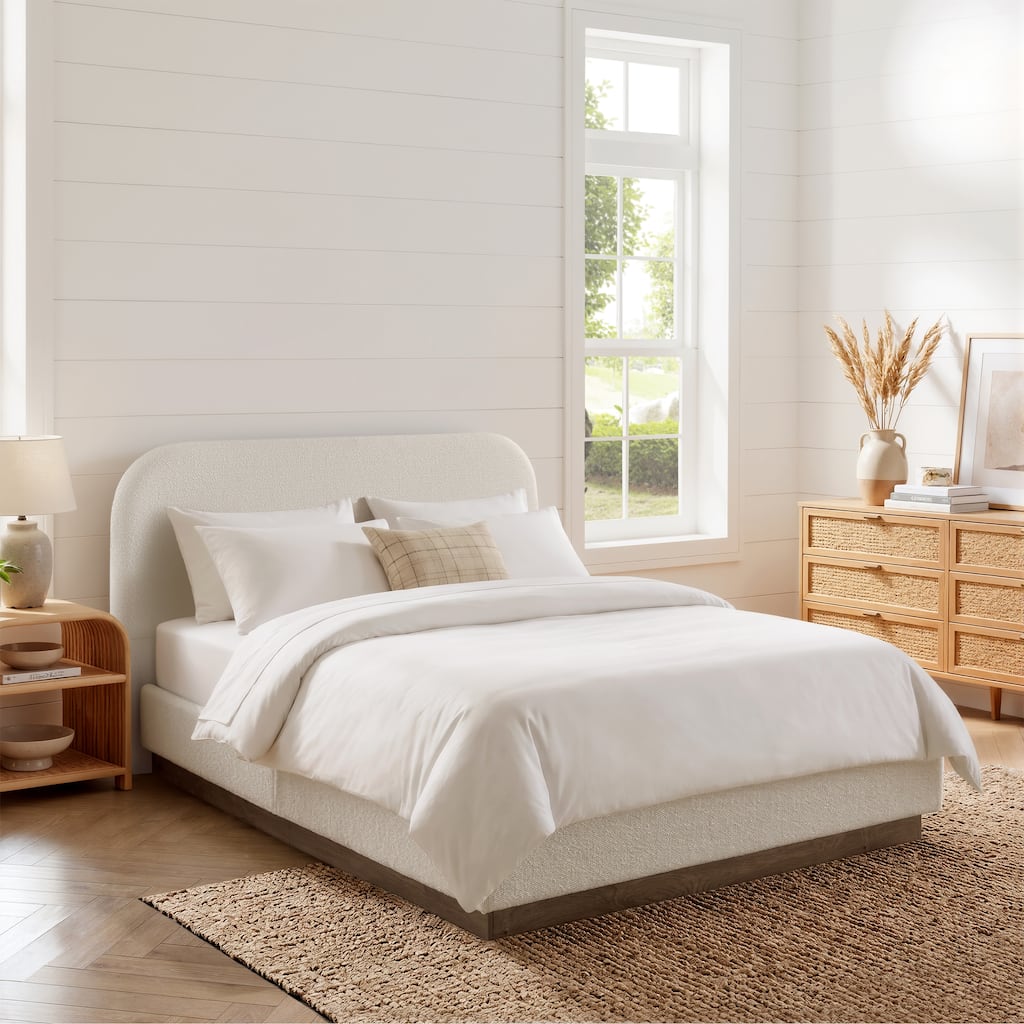 GDFStudio Leo Upholstered Platform Bed with 44.5" Curved Headboard, Boucle Fabric Bed, No Box Spring