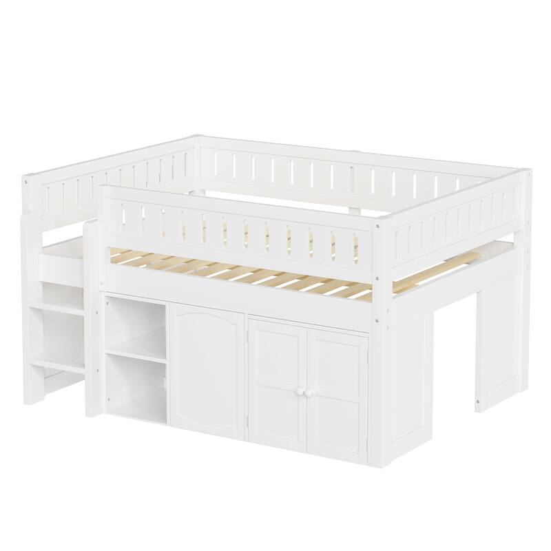 Wooden Full Size Loft Bed with Double-Door Storage Cabinet, Open Shelves and Chalkboard Panel