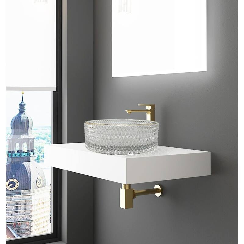 CastelloUSA 16" Round Decorative Clear with Gold Rim Crystal Sink With Base