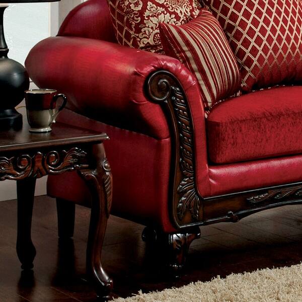 Shop Furniture Of America Erun Traditional Red Faux Leather Padded Sofa Overstock 11105424