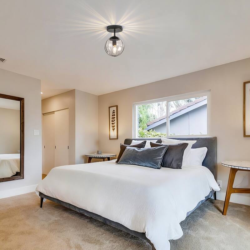 Modern Single Semi Flush Ceiling Light with Metal Base & Ribbed Gray Glass Globe Shade