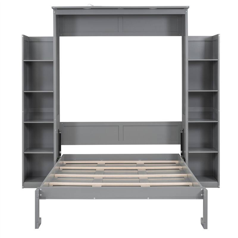 Solid Wood Murphy Wall Bed w/ LED Lights & Open Storage Shelves, Full/Queen Size Folding Murphy Cabinet Bed, Space Saving Design