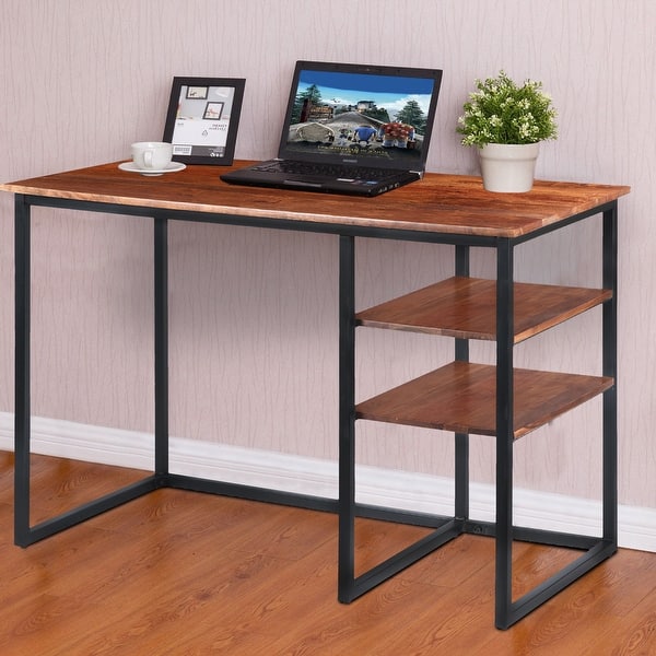 45 Inch Tubular Metal Frame Desk with Wooden Top and 2 Side Shelves