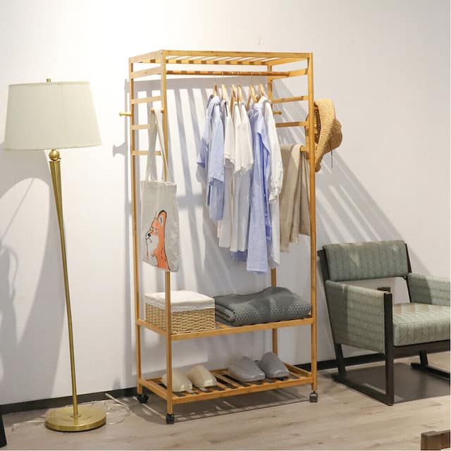 Rolling Clothes Garment Racks Bamboo Hanging Stand