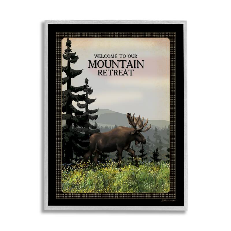 Stupell Welcome Mountain Retreat Quote Moose Wildlife Tree Forest Framed Wall Art - Green - 24 x 30 - Grey