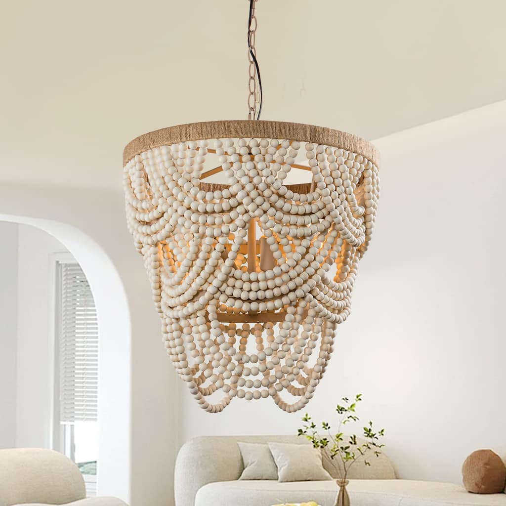 Bohemia 4-Light Off-white Adjustable Distressed Beaded Pendant Chandelier - 19.7-in W x 21.7-in H