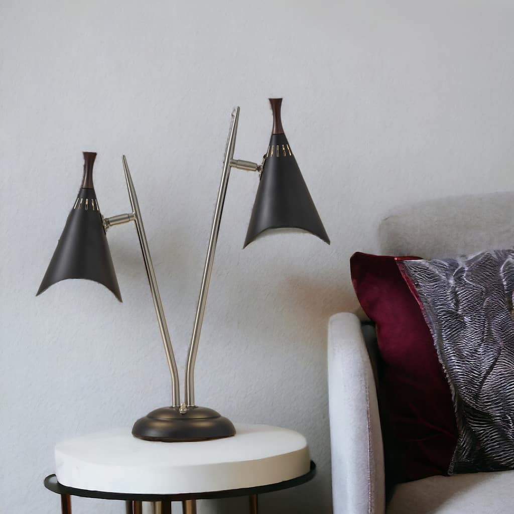 HomeRoots 22" Black and Silver Metal Two Light Desk Lamp With Black Cone Shades