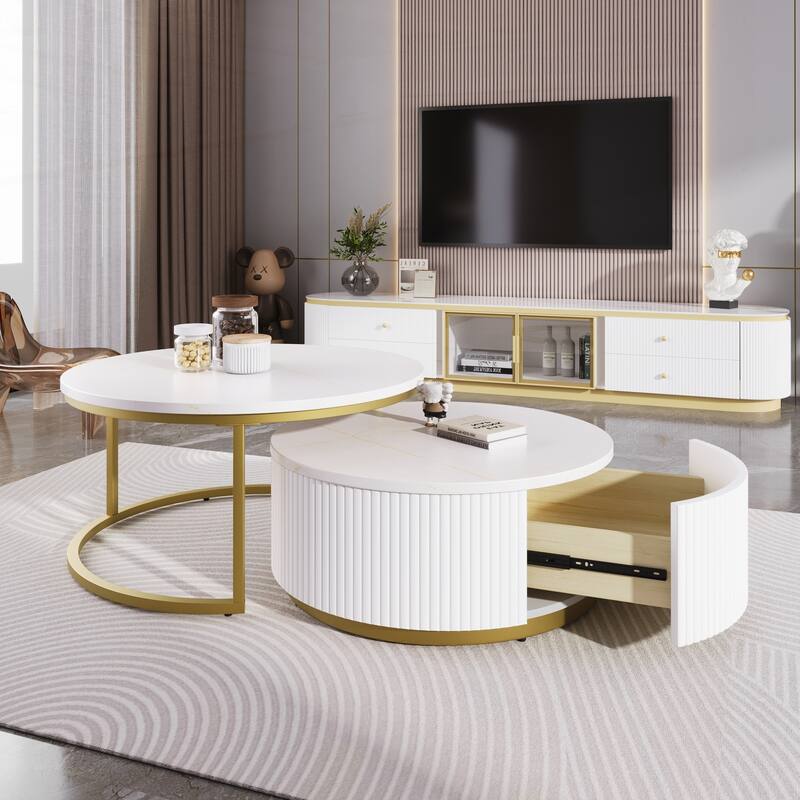 Modern Round Nesting Coffee Table Fluted with Drawer - White
