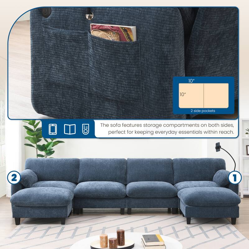 140-Inch Chenille Sectional Sofa with USB and Type-C Charging Ports, Phone Holders, Side Storage Pockets, Movement Ottomans