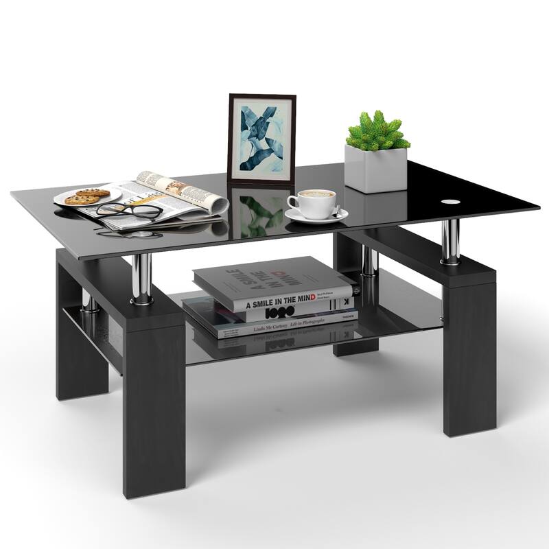 Costway Rectangle Glass Coffee Table Metal Legs End Table Livingroom