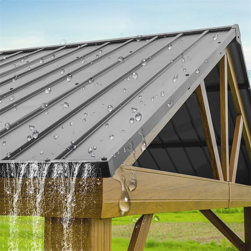 GDFStudio - Virginia Outdoor Hardtop Gazebo with Wood-Look Aluminum Frame and Galvanized Steel Gable Roof