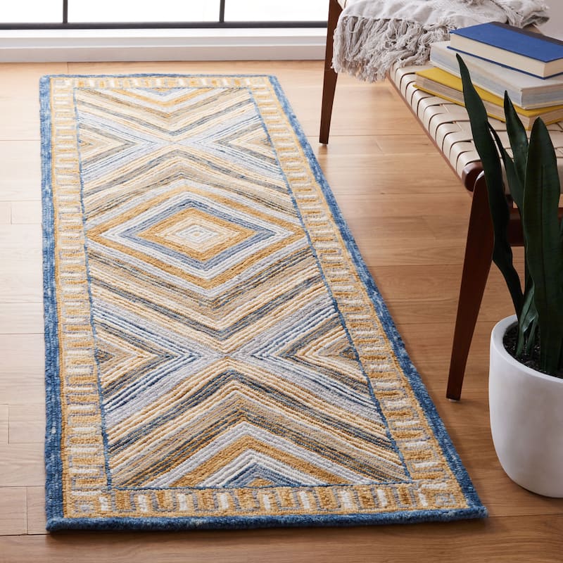 SAFAVIEH Handmade Aspen Zhitinja Boho Tribal Wool Rug - 2'3" x 7' Runner - Navy/Gold