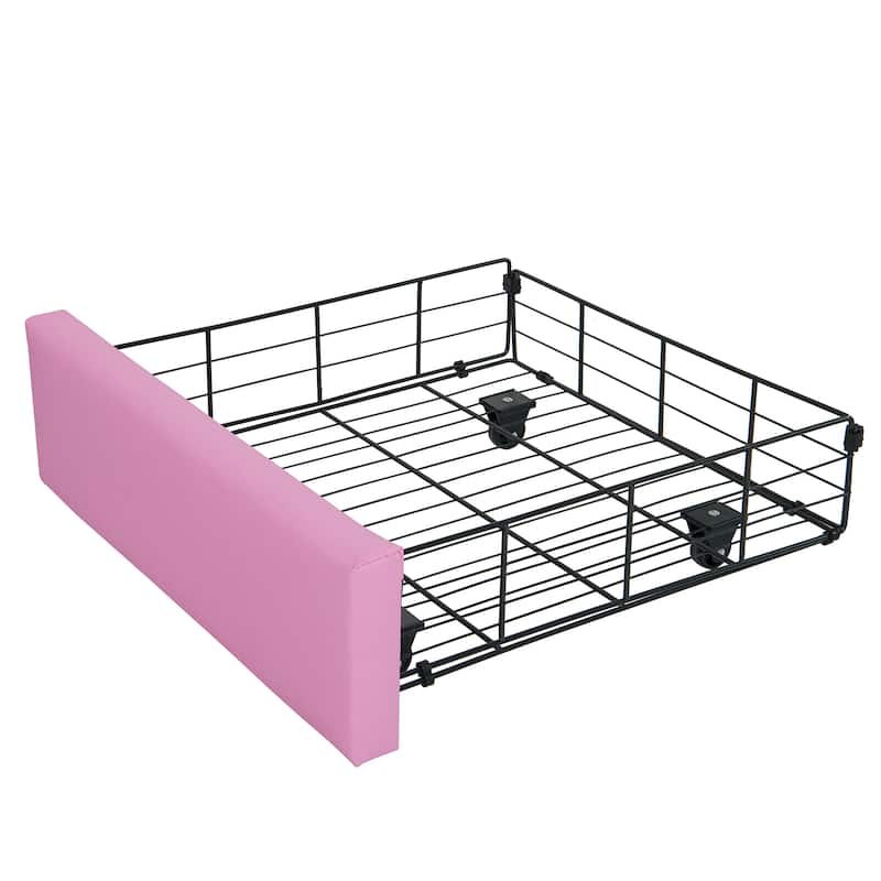 Full Size Upholstered Bed Frame with LED Lights, Crown Headboard, 2 Drawers, Pink+White