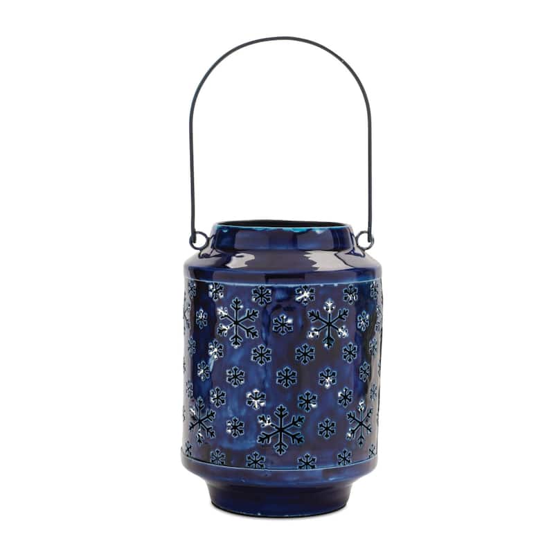 Snowflake Punched Metal Candle Lantern - 9.75" - Blue