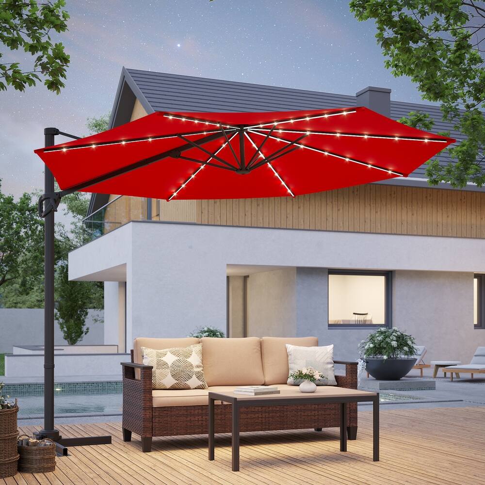 BONOSUKI Solar-powered 10FT Cantilever Patio Umbrella, Ultimate Outdoor Comfort with 360° Rotation and Canopy Angle Adjustment