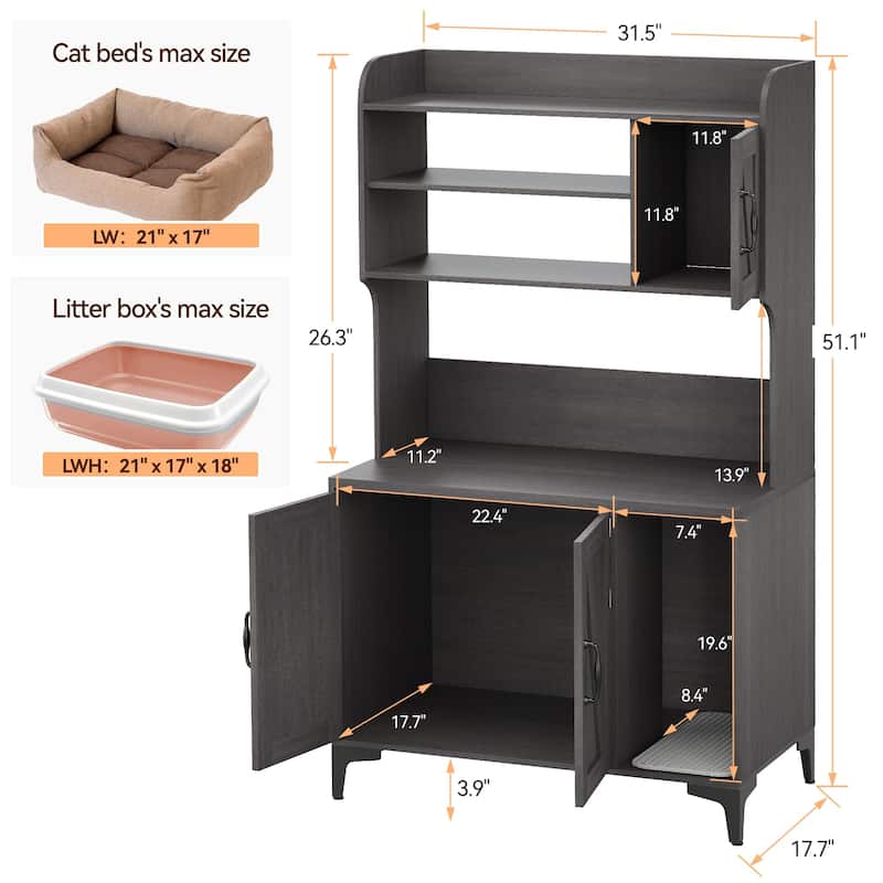 Cat Litter Box Furniture With Shelf Storage And 3 Doors Cabinet