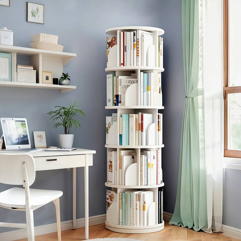 Anmytek 5-Tier Rotating Bookshelf on Wheels 360-Degree Spinning Tower for Small Space Bedroom Living Room Warm White