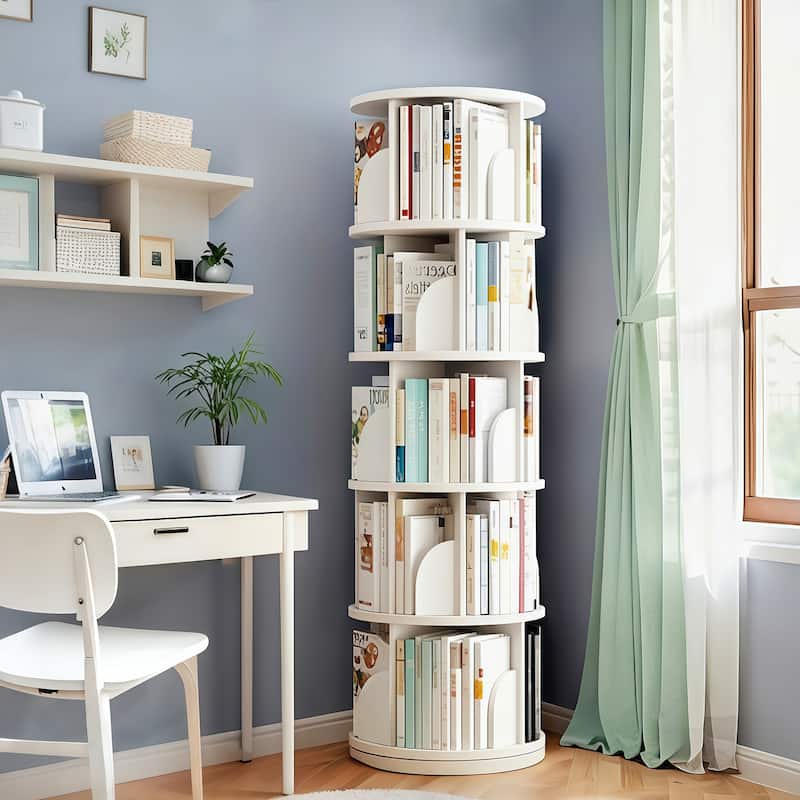 GDF Studio -Purling Modern 5-Tier Wood Rotating Bookshelf with 360-Degree Space-Saving Design