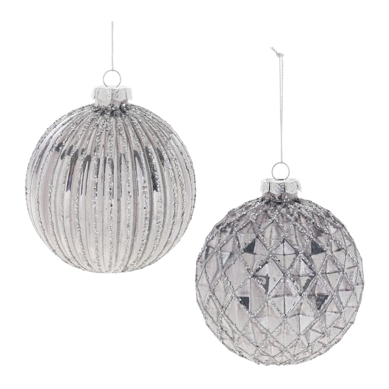 Silver Glass Glittered Ball Ornaments Set of 6 with Ribbed and Harlequin Textures - 3.75” x 3.75” x 4” (L x W x H) - Silver