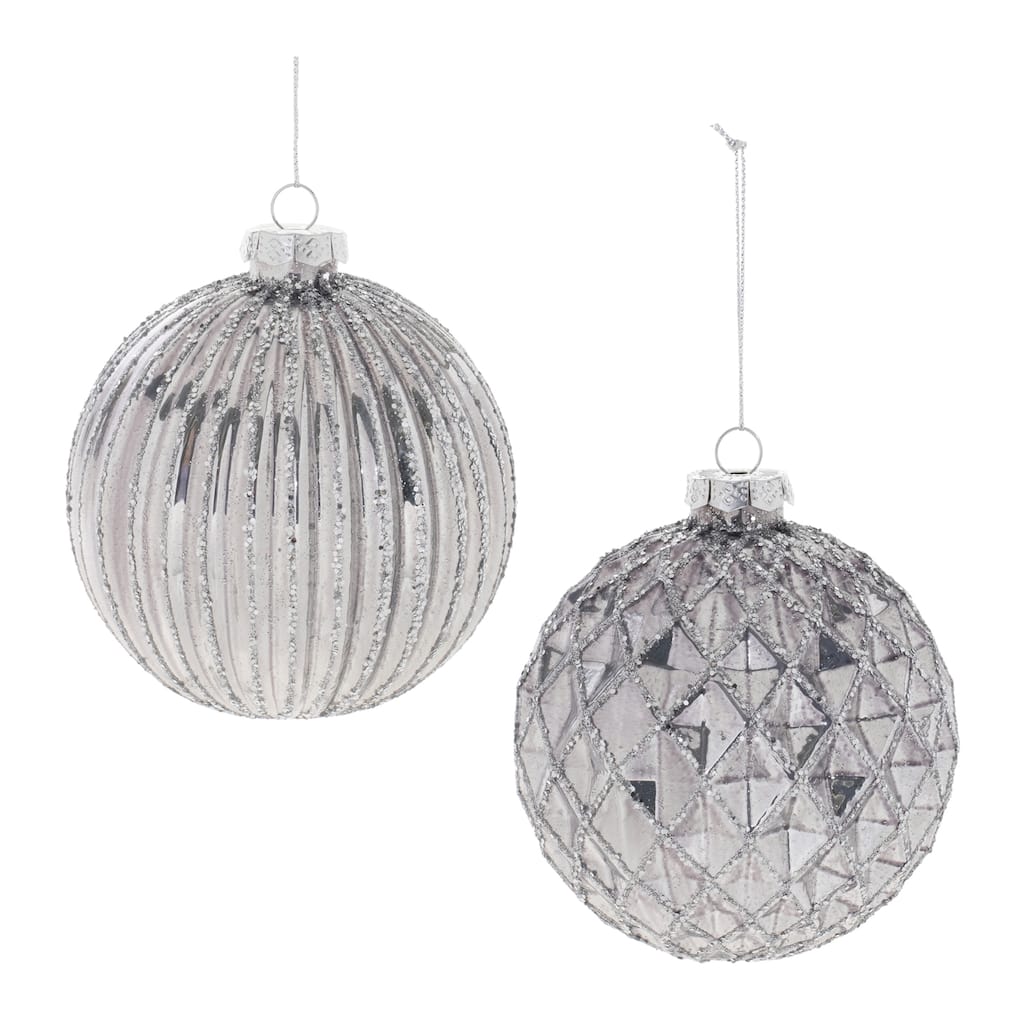 Silver Glass Glittered Ball Ornaments Set of 6 with Ribbed and Harlequin Textures - 3.75” x 3.75” x 4” (L x W x H)