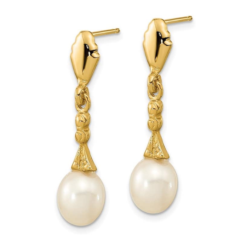 Curata 14k Yellow Gold 5-6mm White Rice Freshwater Cultured Pearl Post Dangle Earrings (24x5.5mm)