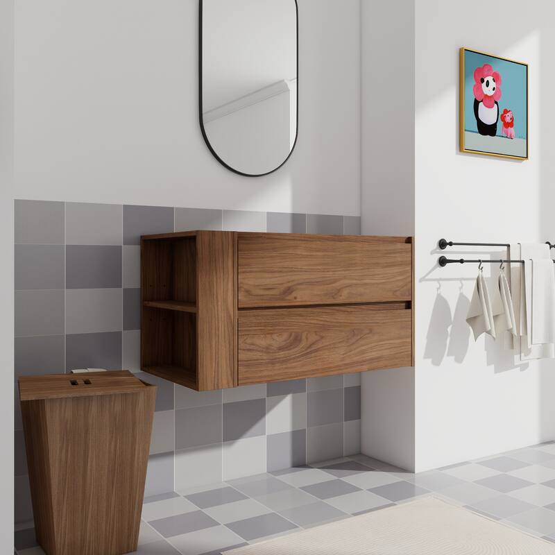 36" Wall-Mounted Bathroom Vanity, Double Soft-Close Drawers, Adjustable Side Rack, 45° Bevelled Invisible Handle