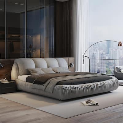 Queen/King Size Upholstered Platform Bed with Oversized Padded Backrest, Modern Bed Frame with Thickening Pinewooden Slats