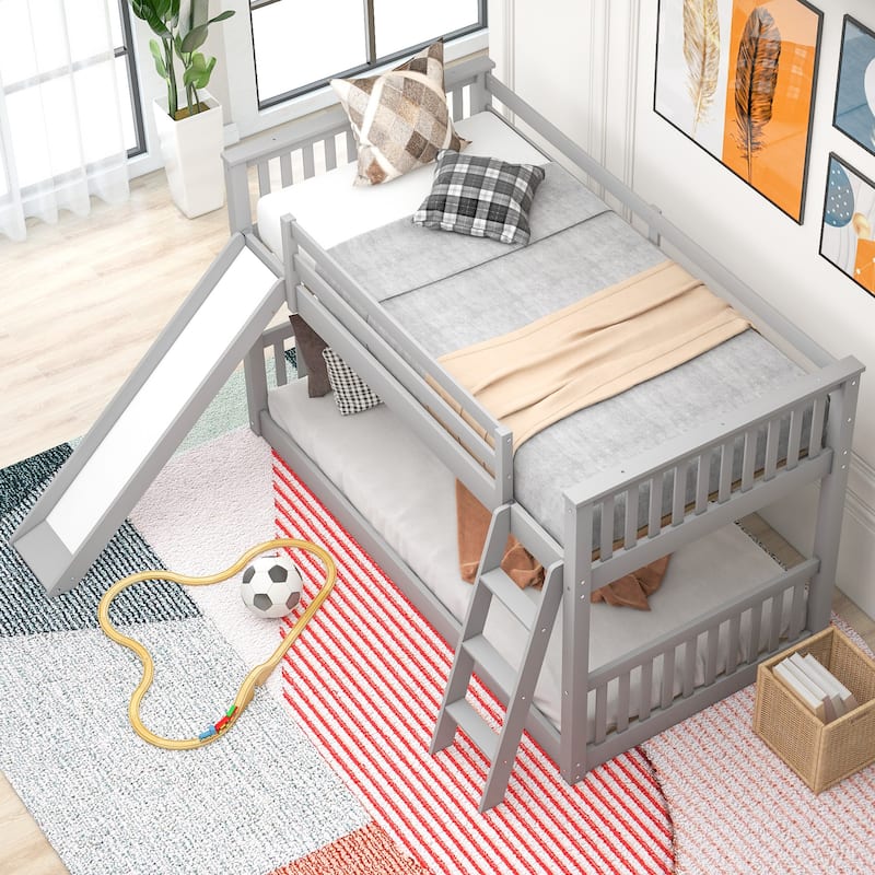 Twin over Twin Bunk Bed with Convertible Slide and Ladder, Gray