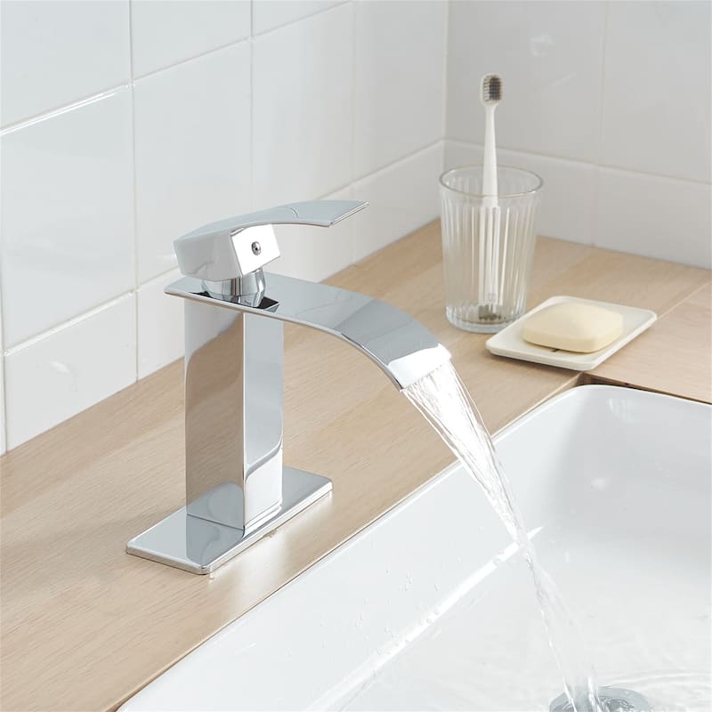 Waterfall Bathroom Faucet With Drain Assembly Single Handle Bathroom Sink Faucets 1 Hole Vanity Basin Modern Tap With Deck Plate