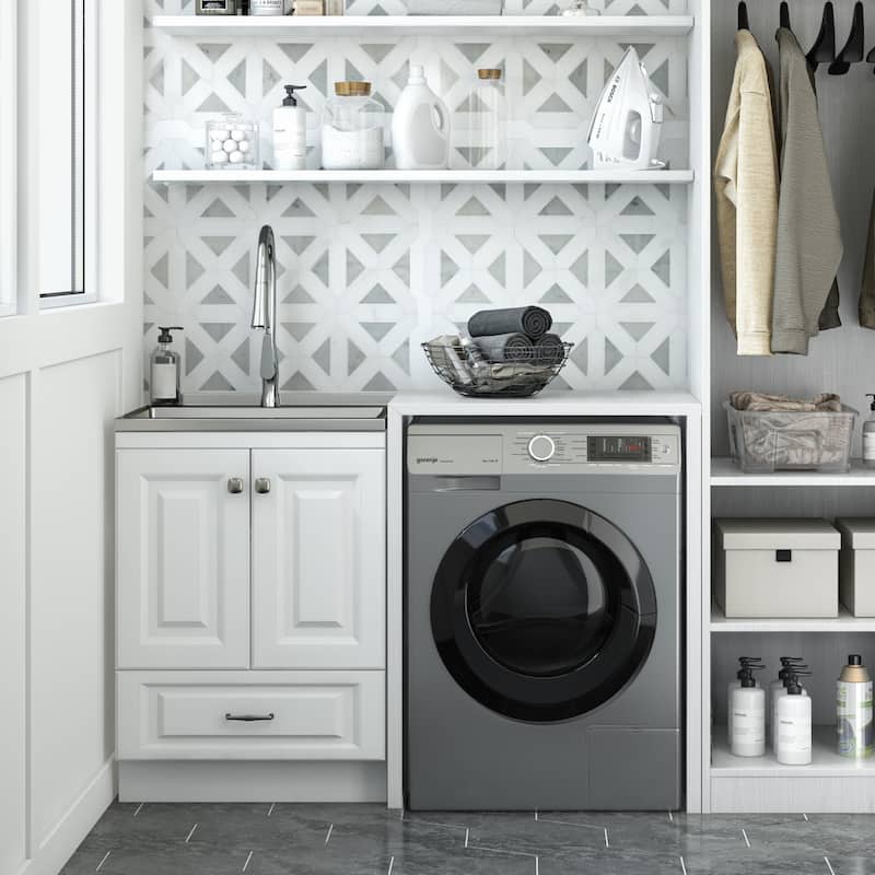 WYNDENHALL Bakersfield Transitional Laundry Cabinet with Faucet and Stainless Steel Sink - 24" W 34.25" H x 19" D