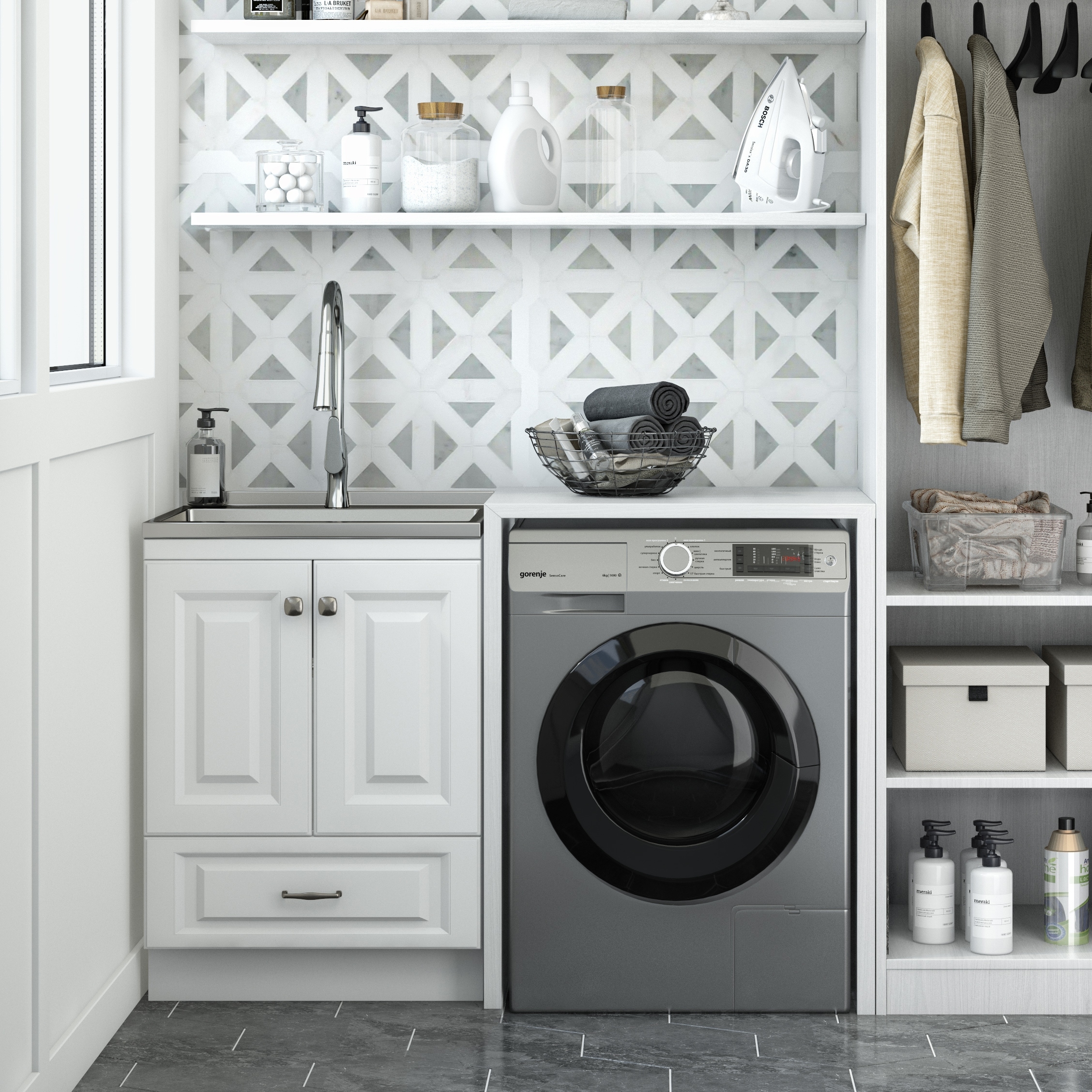 WYNDENHALL Bakersfield Transitional Laundry Cabinet with Faucet and Stainless Steel Sink