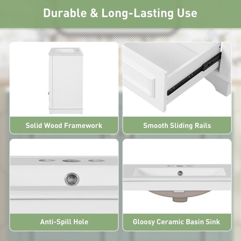30" Bathroom Vanity with Ceramic Sink, Solid Wood Frame, 2 Soft-Close Doors, Storage Cabinet with Shelf
