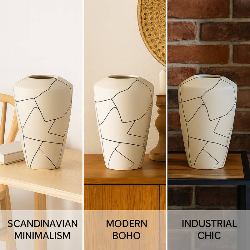 Modern Abstract Milky White Ceramic Vase with Black Line Design