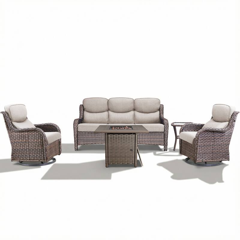 Pocassy Outdoor Propane Fire Table with Sofa Swivel Chair Table Funiture Set.