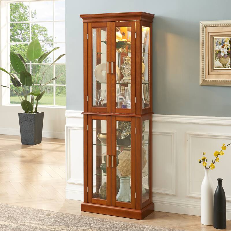 Curio Cabinet Lighted Curio Diapaly Cabinet with Adjustable Shelves and Mirrored Back Panel, Tempered Glass Doors