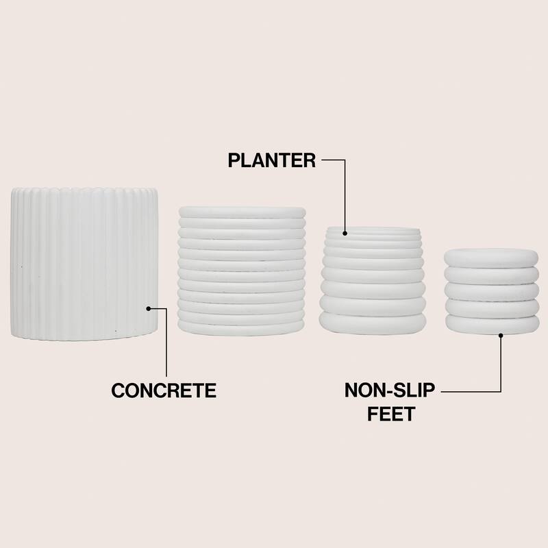JONATHAN Y Silas Modern Minimalist Handmade Concrete Fluted Sculptural Cylinder Planter Set with Drainage Holes (Set of 4)