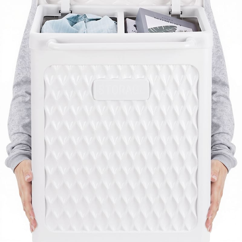 Javlergo White Rolling Laundry Hamper with Lid & Brakes 100L Dual Compartment Plastic Storage Cart with Wheels for Bathroom