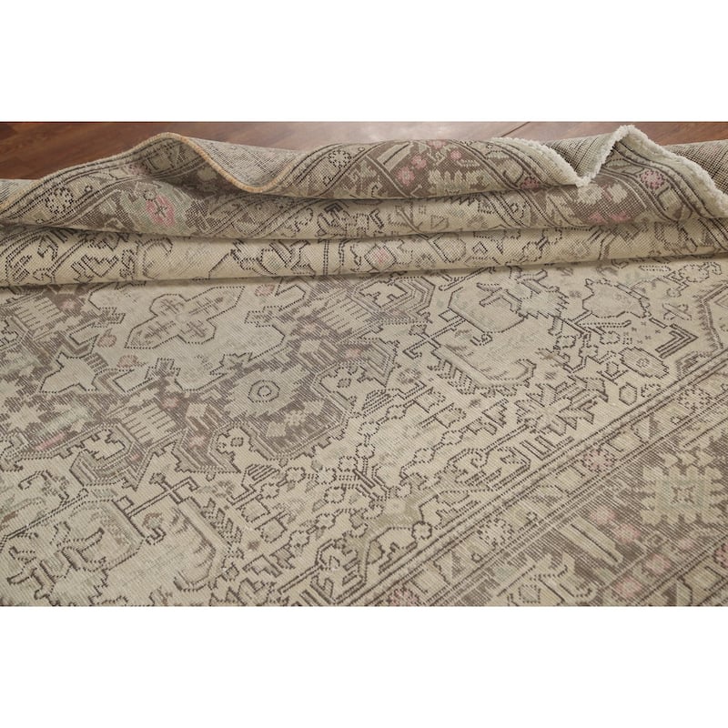 Distressed Beige Tabriz Persian Vintage Area Rug Handmade Wool Carpet - 6'7" x 9'6"