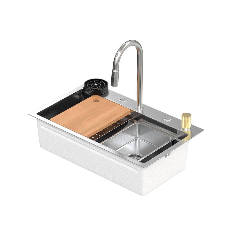 Kitchen Drop In Waterfall Sink Workstation Pull Out Faucet 2 Sizes
