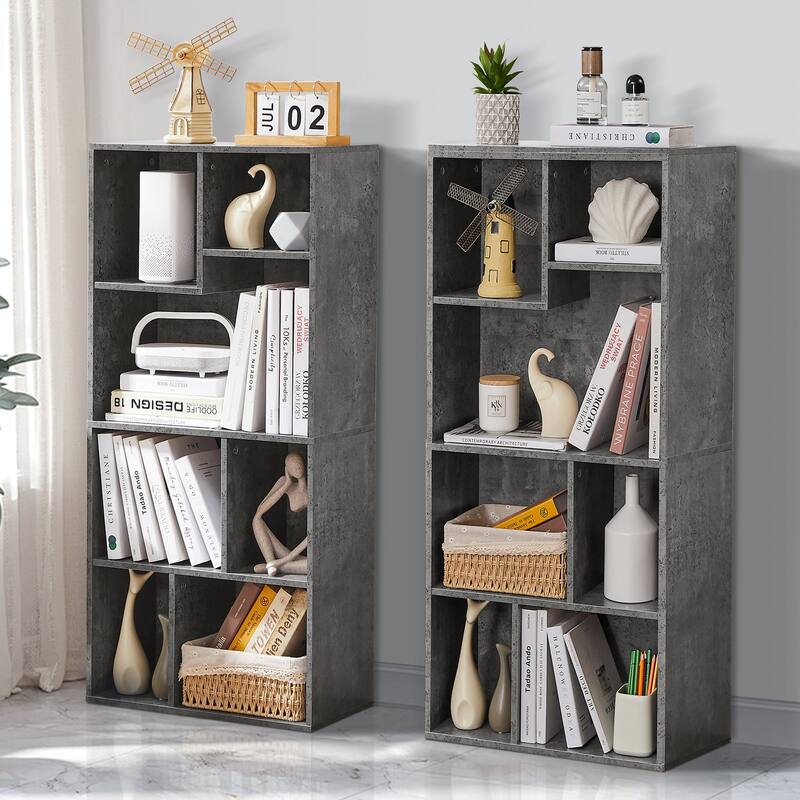 VECELO Widened Version Bookcase(Set of 2), 4-Tier Seven Open Cube Wooden Bookcase Organizer, Bookshelf / Book Storage